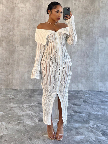 Women'S Off-Shoulder Long Sleeve Knitted Dress White Summer Elegant