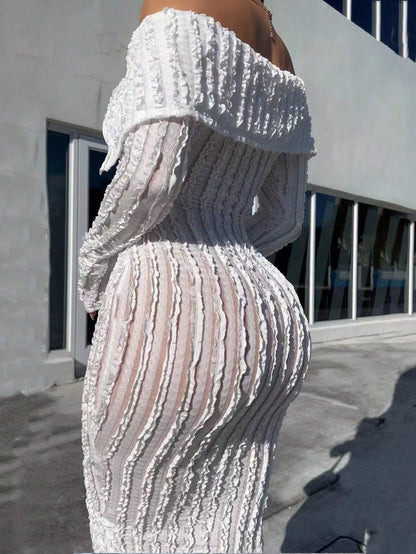 Women'S Off-Shoulder Long Sleeve Knitted Dress White Summer Elegant