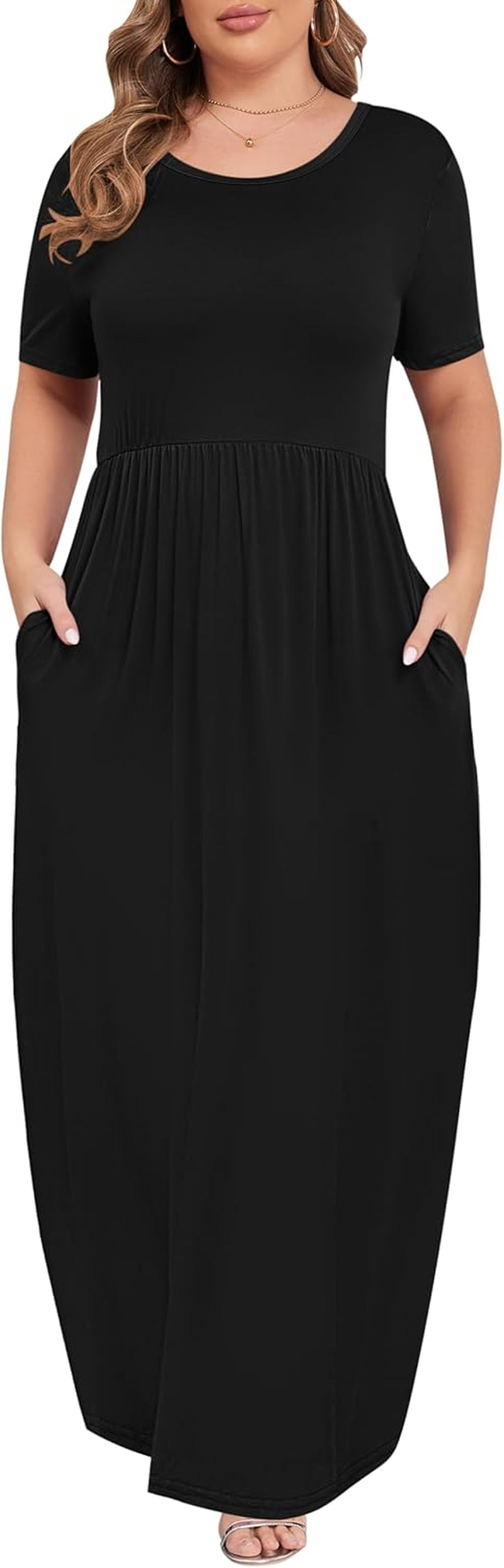 Women plus Size Maxi Dress Short Sleeve round Neck Loose Fit A-Line