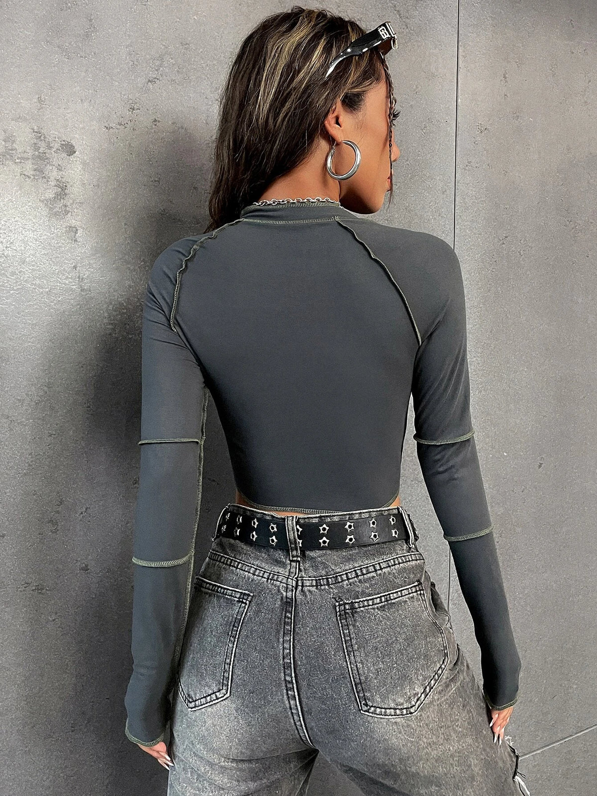Unity Top-Stitching Raglan Sleeve Zipper Crop Tee Fall Cloth for Women