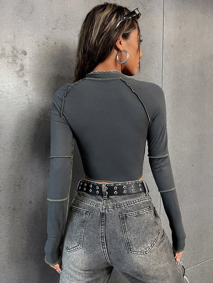 Unity Top-Stitching Raglan Sleeve Zipper Crop Tee Fall Cloth for Women