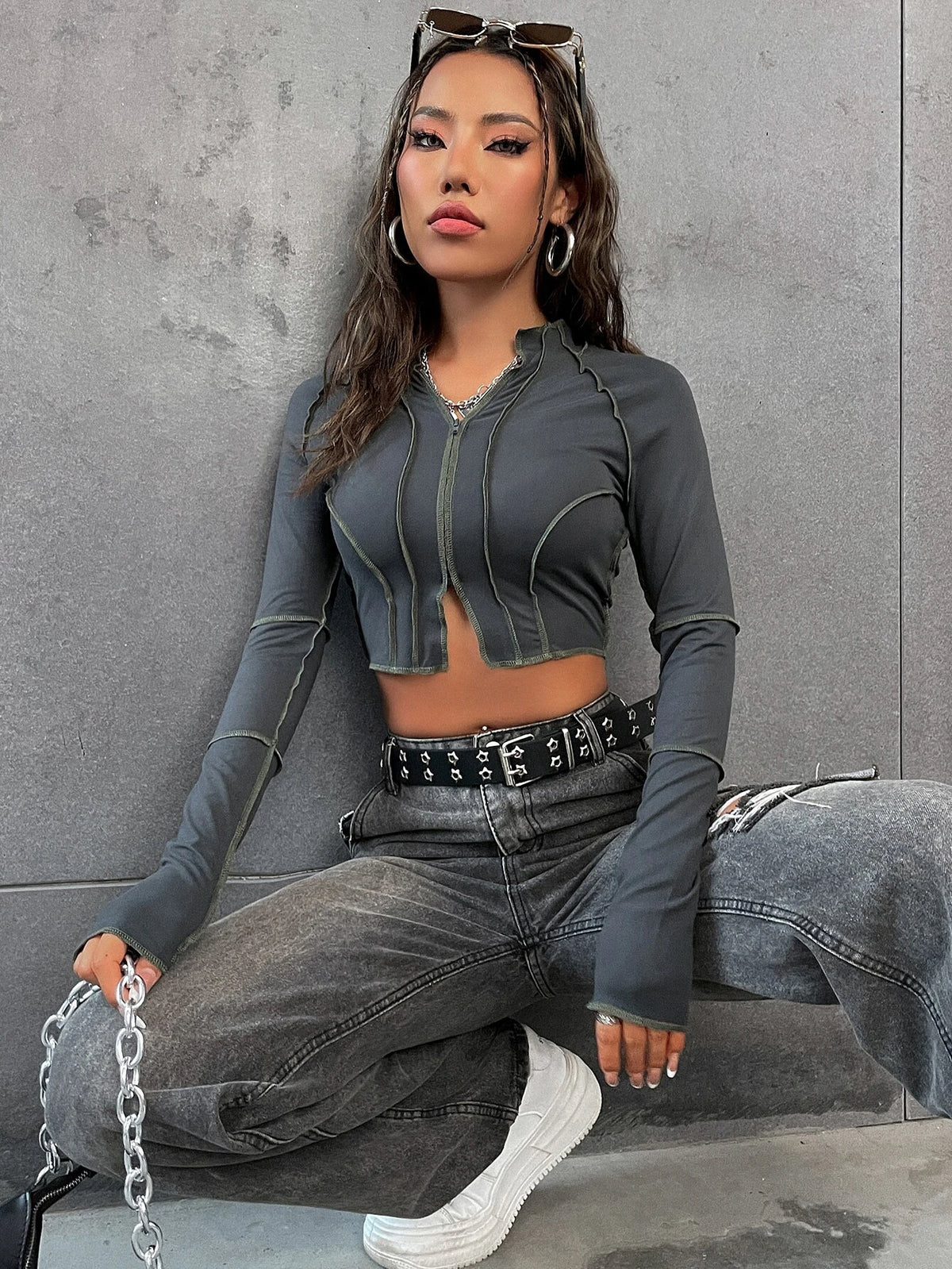 Unity Top-Stitching Raglan Sleeve Zipper Crop Tee Fall Cloth for Women