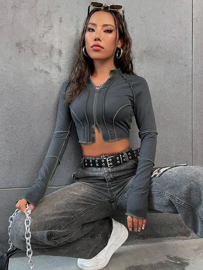 Unity Top-Stitching Raglan Sleeve Zipper Crop Tee Fall Cloth for Women