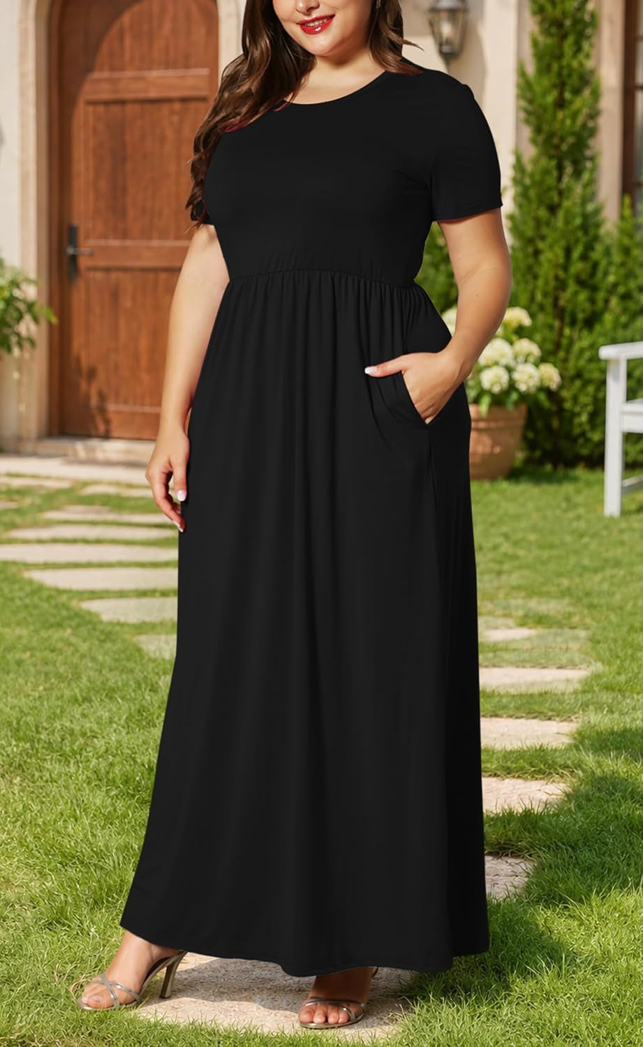 Women plus Size Maxi Dress Short Sleeve round Neck Loose Fit A-Line
