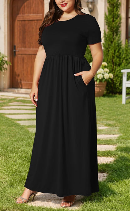 Women plus Size Maxi Dress Short Sleeve round Neck Loose Fit A-Line