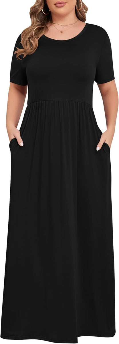 Women plus Size Maxi Dress Short Sleeve round Neck Loose Fit A-Line