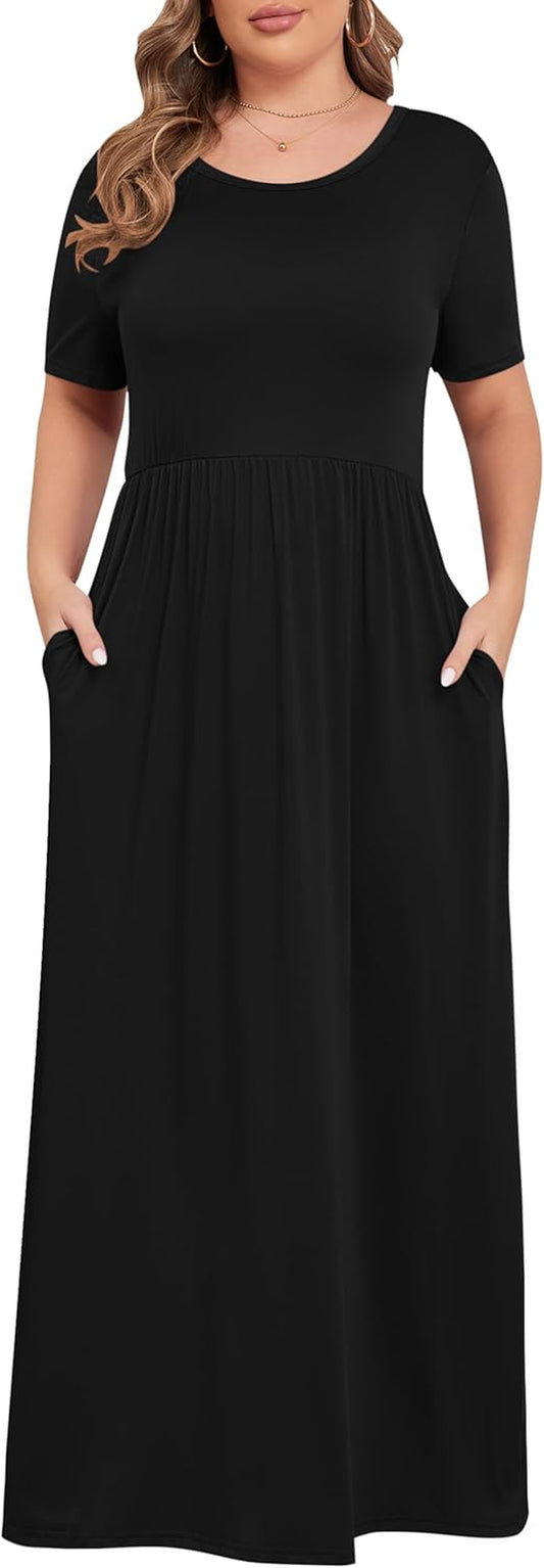 Women plus Size Maxi Dress Short Sleeve round Neck Loose Fit A-Line