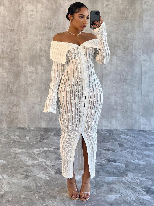 Women'S Off-Shoulder Long Sleeve Knitted Dress White Summer Elegant