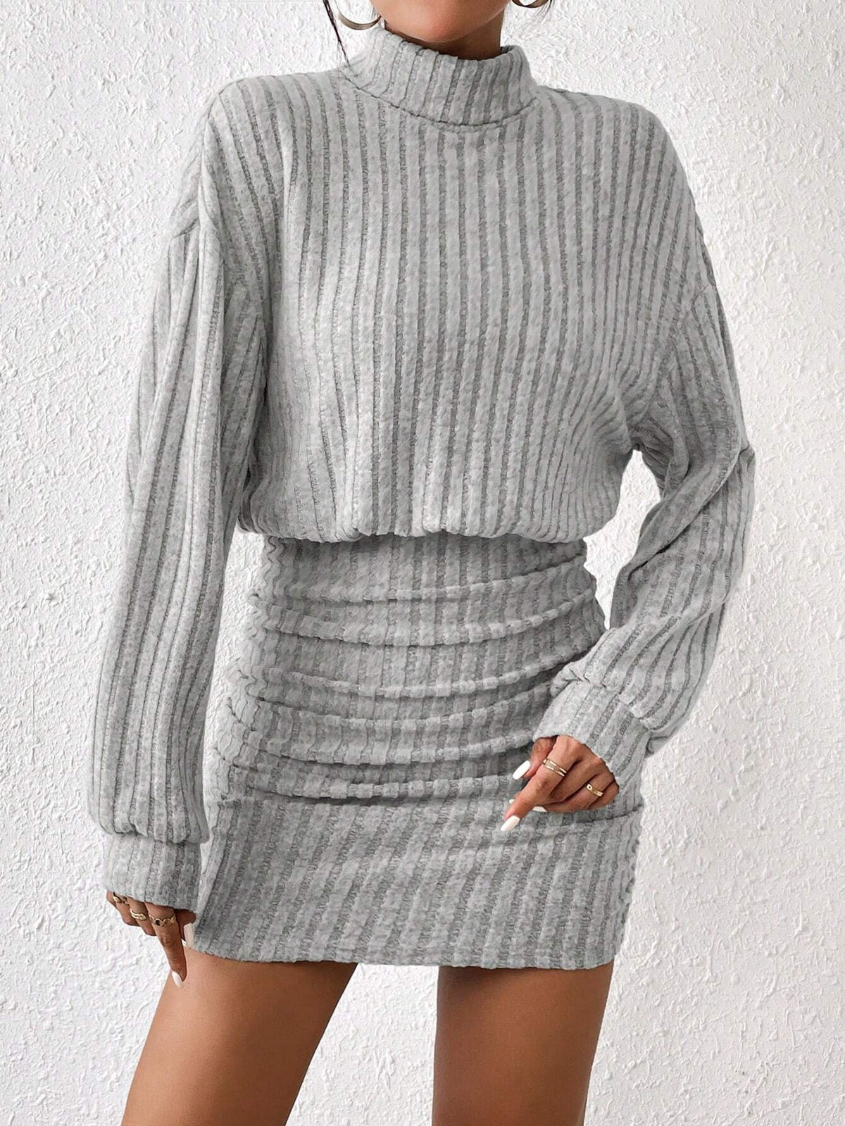 Frenchy Turtleneck Drop Shoulder Ruched Bodycon Textured Fabric Dress Winter Casual