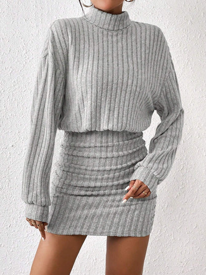 Frenchy Turtleneck Drop Shoulder Ruched Bodycon Textured Fabric Dress Winter Casual